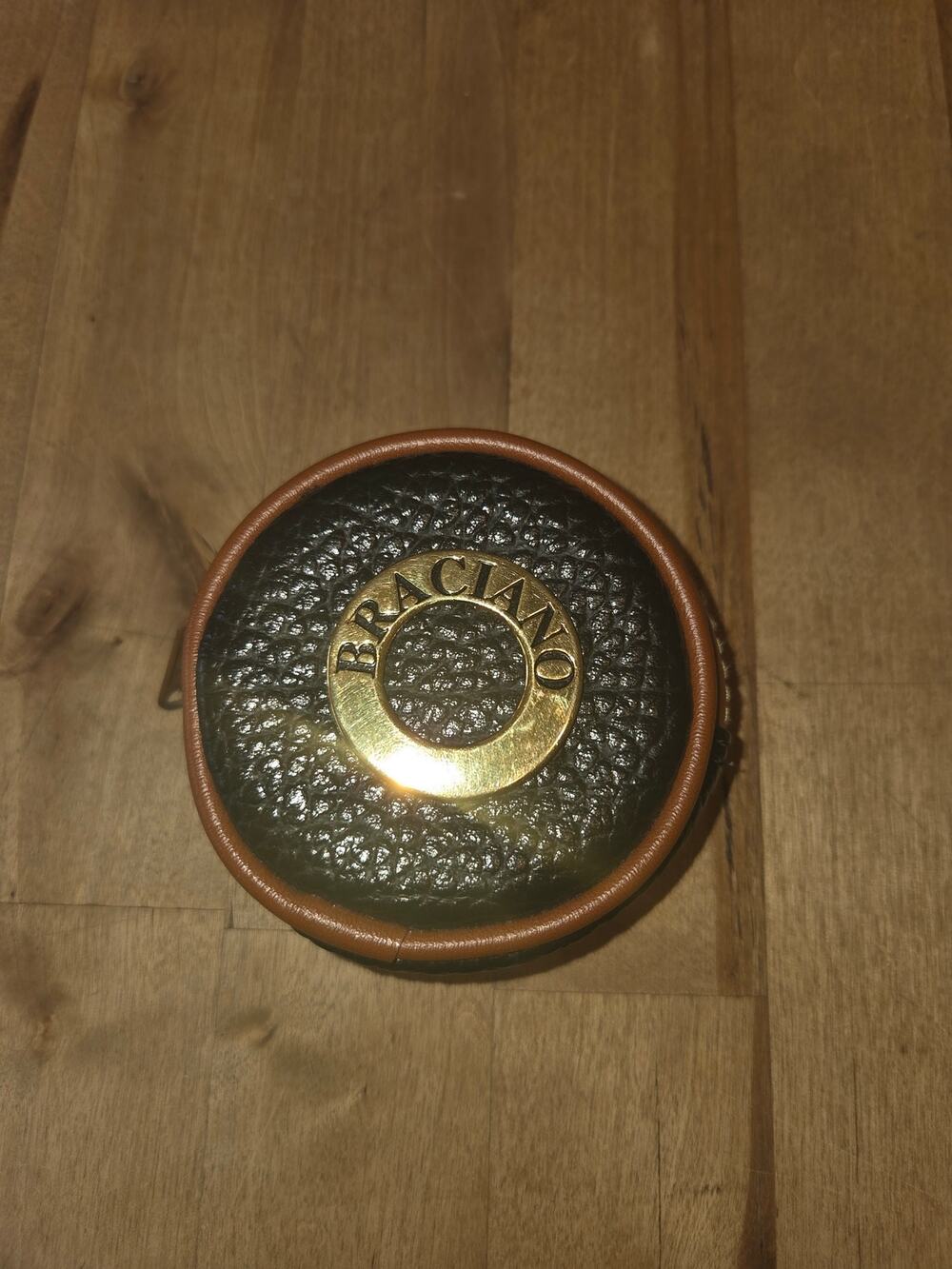 Vintage Braciano Black Pebbled Leather Round Coin Purse Pouch Gold Logo Accent